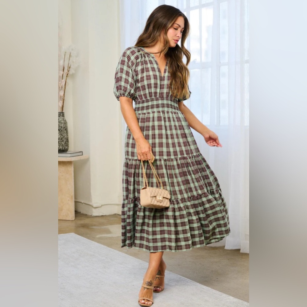 Entro Plaid Puff Sleeve Women’s Midi Dress with V-neckline Size Large - Picture 2 of 7